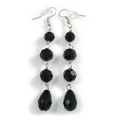 Long Black Faceted Glass Bead Drop Earrings In Silver Tone - 8cm L