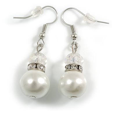 White Glass Pearl/ Transparent Bead with Crystal Ring Drop Earrings in Silver Tone/ 40mm L