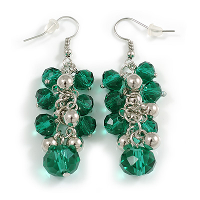 Green Glass and Silver Metal Bead Drop Earrings In Silver Tone - 55mm L
