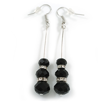 Long Black Faceted Glass Bead with Crystal Ring Metal Bar Drop Earrings In Silver Tone - 7cm L