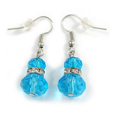 Sky Blue Double Glass with Crystal Ring Drop Earrings In Silver Tone - 40mm L