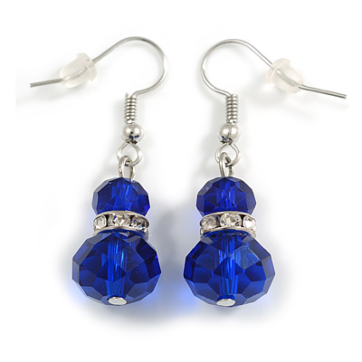 Blue Double Glass with Crystal Ring Drop Earrings In Silver Tone - 40mm L - main view