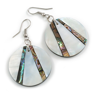 50mm L/Silver/Natural/Abalone Round Shape Sea Shell Earrings/Handmade/ Slight Variation In Colour/Natural Irregularities