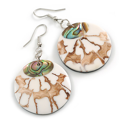 50mm L/White/Natural/Abalone Round Shape Sea Shell Earrings/Handmade/ Slight Variation In Colour/Natural Irregularities