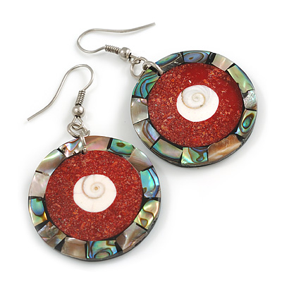 50mm L/Red/White/Abalone Round Shape Sea Shell Earrings/Handmade/ Slight Variation In Colour/Natural Irregularities