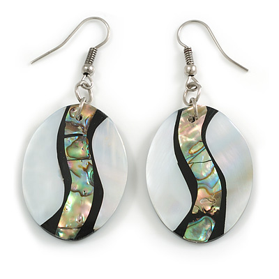 55mm L/Silvery/Grey/Black/Abalone Oval Shape Sea Shell Earrings/Handmade/ Slight Variation In Colour/Natural Irregularities