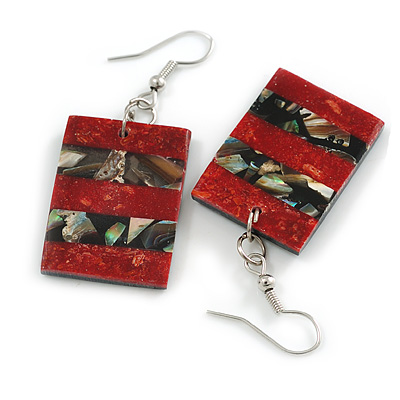 50mm L/Black/Red Rectangular Shape Sea Shell Earrings/Handmade/ Slight Variation In Colour/Natural Irregularities