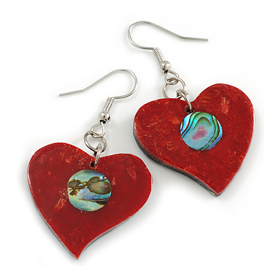 50mm L/Red/Abalone Heart Shape Sea Shell Earrings/Handmade/ Slight Variation In Colour/Natural Irregularities - main view