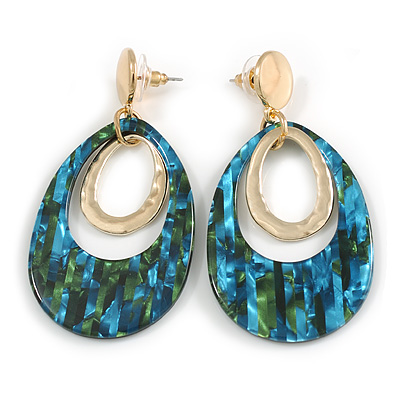 65mm Double Hoop Oval Mosaic Blue/Green Acrylic Earrings In Gold Tone