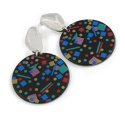 75mm Large Multicoloured Acrylic Round Disk Drop Earrings In Silver Tone