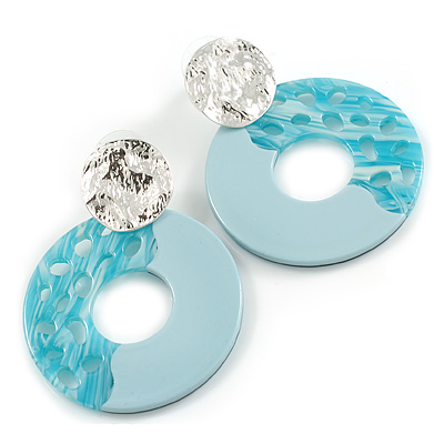 55mm Light Blue Round Acrylic Hoop Earring with Silver Tone Metal Plate