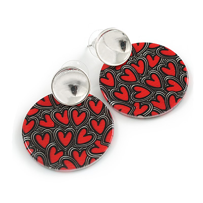 45mm Round Acrylic Heart Pattern Drop Earrings In Red/Grey/35mm Diameter/Silver Tone