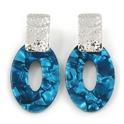 68mm Oval Marble Blue Acrylic Hoop Earrings with Silver Tone Hammered Plate