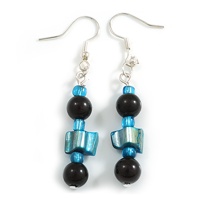 Blue/ Black Glass and Shell Bead Drop Earrings with Silver Tone Closure - 6cm Long
