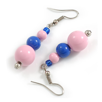 Graduated Acrylic Bead Drop Earrings in Pink/Blue - 50mm L