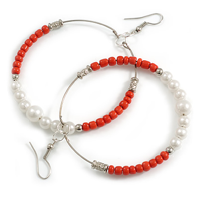 60mm Brick Red Glass and White Faux Pearl Bead Large Hoop Earrings in Silver Tone - 80mm L - main view