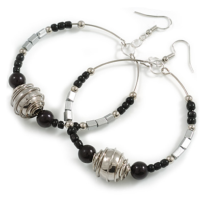 55mm Black Glass and Metallic Silver Acrylic Bead Large Hoop Earrings in Silver Tone - 80mm L
