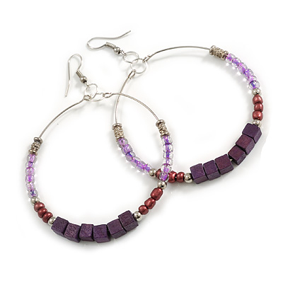 60mm Purple Glass/Wood Bead Large Hoop Earrings in Silver Tone - 80mmL