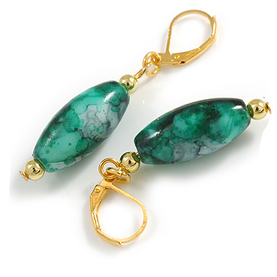 Green/White/Black Oval Glass Bead Drop Earrings In Gold Tone - 45mm L
