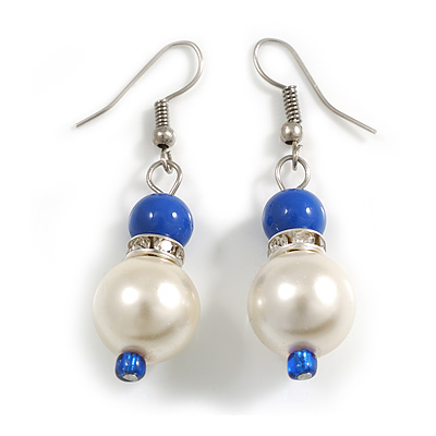 Faux Pearl Blue Ceramic Bead with Crystal Ring Drop Earrings - 45mm Long