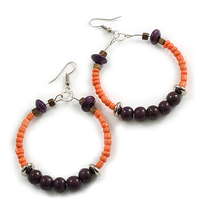 55mm Salmon Pink Glass and Purple Wooden Bead Large Hoop Earrings in Silver Tone - 75mm Drop