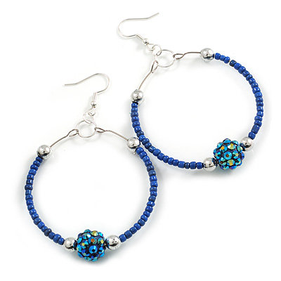 50mm Large Blue Glass Bead Hoop Earrings in Silver Tone - 75mm Drop - main view