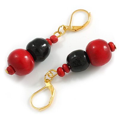 Black Glass and Red Wood Beaded Drop Earrings in Gold Tone - 50mm Drop