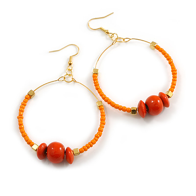 50mm Orange Glass and Wooden Bead Hoop Earrings in Gold Tone - 75mm Drop