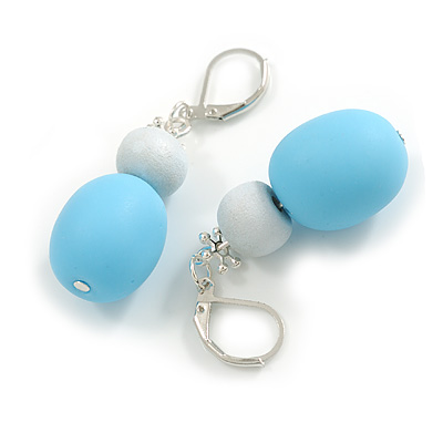 Light Blue/ White Wood/ Resin Bead Drop Earrings In Silver Tone - 50mm Drop