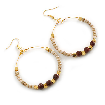 50mm Antique White Glass and Brown Ceramic Bead Large Hoop Earrings in Gold Tone - 70mm Drop