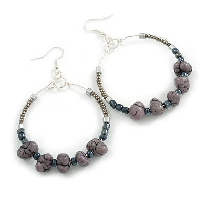 50mm Large Grey Glass and Stone Bead Hoop Earrings in Silver Tone - 75mm Drop