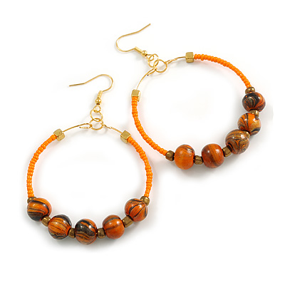 50mm Large Orange Glass and Wooden Bead Hoop Earrings in Gold Tone - 75mm Drop