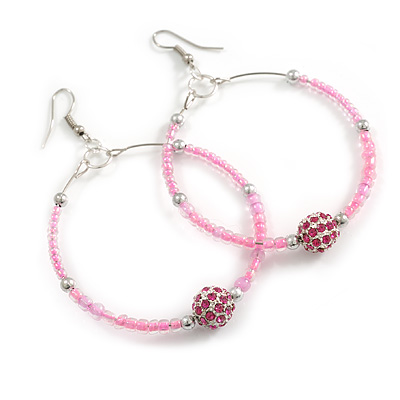 55mm Light Pink Glass Bead With Crystal Ball Large Hoop Earrings in Silver Tone - 80mm Drop