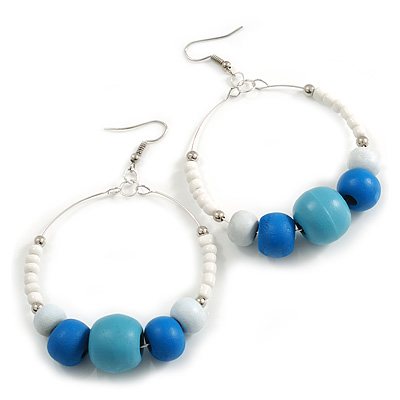 55mm White/ Blue Glass and Graduated Wooden Bead Large Hoop Earrings In Silver Tone - 80mm Drop