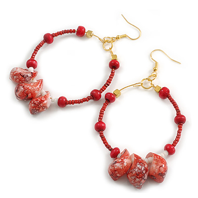 50mm Large Red/ White Glass Red Sea Shell Hoop Earrings in Gold Tone - 90mm Drop