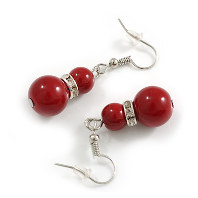 Dark Red Double Ceramic Bead with Crystal Ring Drop Earrings in Silver Tone - 40mm Long
