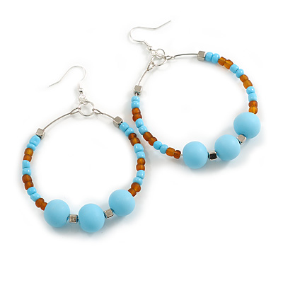 55mm Large Amber Brown Glass and Light Blue Acrylic Bead Hoop Earrings in Silver Tone - 80mm Drop
