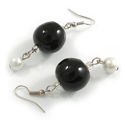 Black Glass and Pearl Beaded Drop Earrings In Silver Tone - 60mm Long