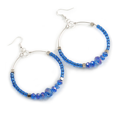 55mm Blue Glass Bead Hoop Earrings in Silver Tone - 80mm Drop