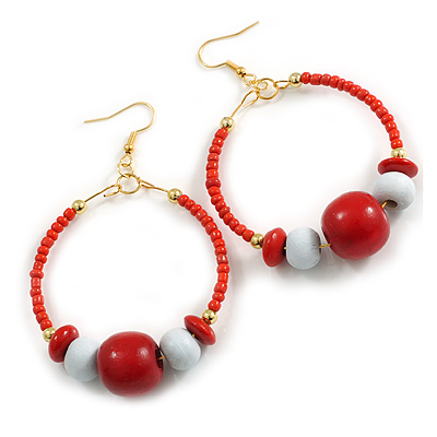 50mm Large Glass and Wood Bead Hoop Earrings in Red/ White in Gold Tone - 75mm Drop