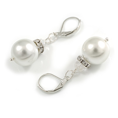 Bridal/ Prom/ Wedding Glass Pearl And Clear Bead Drop Earrings In Silver Tone - 40mm Drop - main view