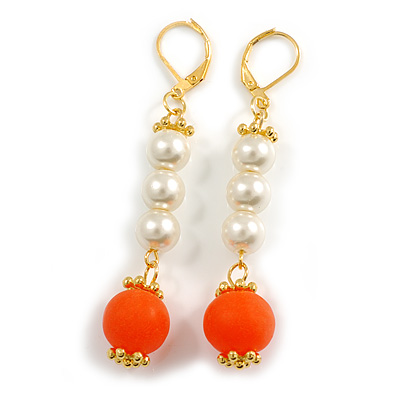 60mm Long Cream Faux Pearl Orange Acrylic Bead Drop Earrings in Gold Tone