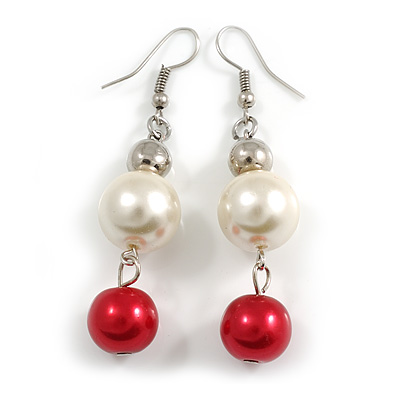 60mm Red/ Cream Glass Bead Drop Earrings In Silver Tone