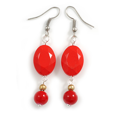Red Acrylic/ Ceramic Beaded Drop Earrings in Silver Tone - 60mm L