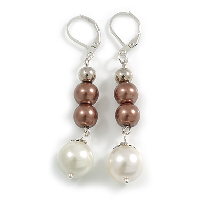 Cream/ Brown Faux Pearl Bead Drop Earrings in Silver Tone - 60mm L