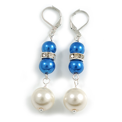 Blue/White Faux Pearl Glass Bead with Clear Crystal Spacer Drop Earrings in Silver Tone - 60mmL - main view