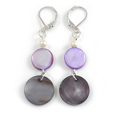 Purple/ Grey Black Shell Bead Drop Earrings In Silver Tone - 55mm L - main view