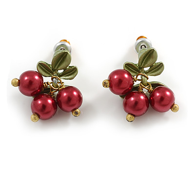 Exquisite Red Berry Floral Olive Green Enamel Stud Earrings - 20mm Drop