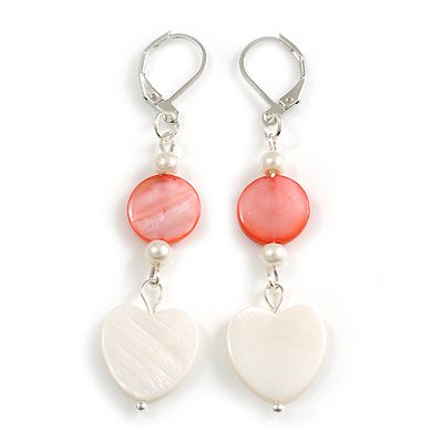 White/ Red Shell Heart Beaded Drop Earrings In Silver Tone - 60mm L