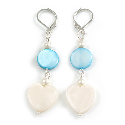 White/ Light Blue Shell Heart Beaded Drop Earrings In Silver Tone - 60mm L